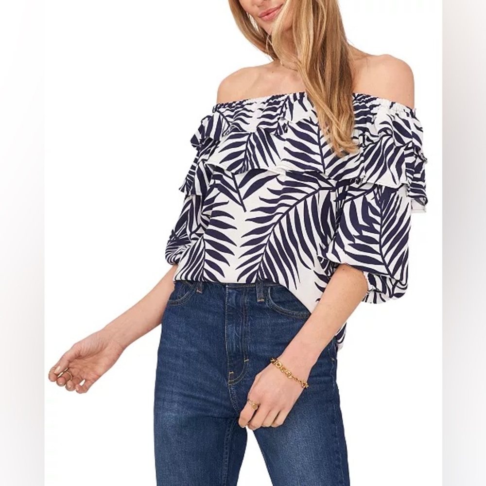 NWOT Sam & Jess Women’s Fern-Print Ruffled Off-The-Shoulder White/Blue Top Sz XS
